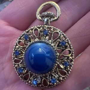 Vintage Gerrys Pocket Watch design Blue Rhinestone gold tone Brooch